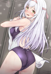 Rule 34 | 1girl, aga marino, ass, bad id, bad twitter id, black one-piece swimsuit, blurry, commentary request, competition swimsuit, cowboy shot, depth of field, dutch angle, from behind, headband, kantai collection, locker, long hair, looking at viewer, one-piece swimsuit, red headband, shoukaku (kancolle), solo, standing, swimsuit, towel, white hair, white towel, yellow eyes