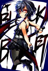 Rule 34 | 1girl, agetama, bare arms, bare shoulders, black bullet, black dress, black footwear, black hair, black pantyhose, boots, closed mouth, dress, dual wielding, from side, high heel boots, high heels, highres, hiruko kohina, holding, holding sword, holding weapon, jewelry, katana, looking at viewer, looking to the side, necklace, pantyhose, red eyes, short dress, short hair, solo, sword, weapon