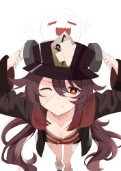 Rule 34 | 1girl, ;), black headwear, breasts, brown hair, cleavage, closed eyes, genshin impact, ghost, hat, highres, hino kagutsuki, hu tao (genshin impact), leaning forward, long sleeves, one eye closed, open clothes, red eyes, scar, scar across eye, scar on face, shirt, simple background, small breasts, smile, striped clothes, striped shirt, symbol-shaped pupils, top hat, white background