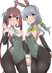 Rule 34 | 2girls, adapted costume, animal ears, arm warmers, asagumo (kancolle), ascot, black pantyhose, blue ascot, braid, breasts, brown hair, comala (komma la), commentary request, cowboy shot, detached collar, fake animal ears, green ribbon, green scrunchie, grey eyes, grey leotard, hair ribbon, highres, holding hands, kantai collection, leotard, long hair, multiple girls, neck ribbon, pantyhose, playboy bunny, rabbit ears, rabbit tail, ribbon, scrunchie, sidelocks, simple background, single braid, small breasts, tail, twintails, wavy hair, white background, wrist cuffs, yamagumo (kancolle)