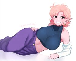 Rule 34 | 1girl, aka nobodyy, artist name, bare shoulders, black eyes, breasts, chronoa, colored skin, crop top, detached sleeves, dragon ball, dragon ball heroes, dragon ball xenoverse, earrings, highres, jewelry, large breasts, looking at viewer, pink hair, pink skin, pointy ears, potara earrings, short hair, signature, solo, tagme