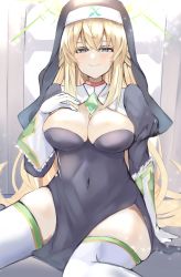 Rule 34 | 1girl, absurdres, arm support, bimmy, blonde hair, blue eyes, breasts, cleavage, covered navel, hand on own chest, highres, large breasts, legs, long hair, neptune (series), nun, sitting, smile, smug, solo, thighs, vert, vert (neptunia)