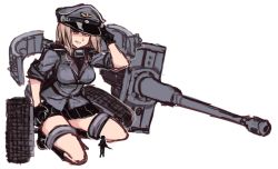 Rule 34 | 1boy, 1girl, armor, black footwear, black gloves, black skirt, breasts, brown eyes, cannon, copyright request, full body, giant, giantess, gloves, grey cap, grey jacket, gun, hat, jacket, kneeling, large breasts, light brown hair, medium hair, military, military uniform, military vehicle, motor vehicle, original, peaked cap, personification, rifle, simple background, size difference, skirt, soldier, solo focus, tank, tank gun, thigh strap, tiger i, turret, uniform, utopia, weapon, white background