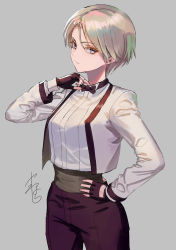 Rule 34 | 1girl, blonde hair, bow, bowtie, closed mouth, coat, collared shirt, earrings, fingerless gloves, gloves, hand on own hip, high-waist pants, jewelry, king (snk), long sleeves, looking at viewer, pants, ryuuko no ken, shirt, short hair, signature, simple background, solo, standing, the king of fighters, white background, white coat, wing collar, yamahara