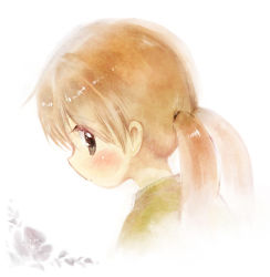Rule 34 | 1girl, blush, brown hair, commentary request, cropped shoulders, flower, grey eyes, long hair, looking at viewer, ogawa hidari, original, profile, simple background, solo, twintails, white background