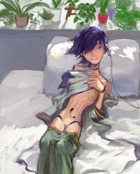 Rule 34 | 1boy, android, bad id, bad twitter id, bed, belt, blue eyes, blue hair, closed mouth, clothes pull, covering stomach, hair over one eye, highres, kaito (vocaloid), looking at viewer, male focus, no penis, off shoulder, on bed, pants, pants pull, pillow, plant, potted plant, shikuchouson, smile, solo, vocaloid, window, wire