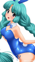 Rule 34 | 1girl, absurdres, aqua hair, ass, blue leotard, blush, braid, breasts, canal vorfeed, cleavage, collarbone, cowboy shot, detached collar, detached sleeves, facial mark, forehead mark, green hair, highres, large breasts, leotard, long hair, looking at viewer, lost universe, purple eyes, rabbit girl, rabbit tail, shiny clothes, shiny skin, simple background, smile, solo, sugimura tomokazu, tail, twin braids, white background