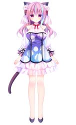 Rule 34 | 1girl, animal ear fluff, animal ears, bare shoulders, black footwear, blue dress, blue hair, blush, bow, breasts, cat ears, cat girl, cat tail, character name, closed mouth, commentary request, dress, flower, full body, hair flower, hair ornament, highres, indie virtual youtuber, large breasts, long hair, long sleeves, multicolored hair, official art, pink hair, puffy long sleeves, puffy sleeves, red bow, red eyes, see-through, shiwasu horio, shoes, simple background, smile, solo, standing, streaked hair, tail, virtual youtuber, white background, white flower