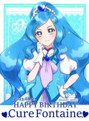 Rule 34 | 1girl, blue background, blue choker, blue eyes, blue hair, blue theme, blue vest, character name, choker, cure fontaine, earrings, gloves, hair ornament, happy birthday, healin&#039; good precure, heart, heart hair ornament, jewelry, long hair, looking at viewer, magical girl, pom pom (clothes), pom pom earrings, ponytail, precure, puffy sleeves, sawaizumi chiyu, short sleeves, skirt, smile, solo, split ponytail, tanshi tanshi, upper body, very long hair, vest, white background, white gloves