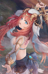 Rule 34 | 1girl, :d, arm up, back, back tattoo, bare back, blue eyes, blue nails, blue skirt, breasts, circlet, clothing cutout, detached sleeves, floating hair, from side, genshin impact, harem outfit, highres, holding, holding sword, holding weapon, horns, jewelry, kotone aguli, large breasts, long hair, long sleeves, looking at viewer, low twintails, nail polish, neck ring, nilou (genshin impact), open mouth, parted bangs, puffy long sleeves, puffy sleeves, red hair, shrug (clothing), sideboob, sidelocks, skirt, smile, solo, sword, tattoo, twintails, veil, vision (genshin impact), water, weapon, white headwear, white sleeves