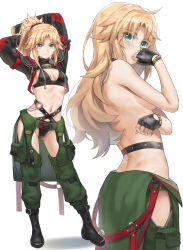 Rule 34 | 1girl, arms up, belly chain, black gloves, blonde hair, blush, boots, braid, breasts, choker, collared shirt, crop top, cropped jacket, fate/apocrypha, fate (series), fingerless gloves, french braid, gloves, green eyes, green pants, hair ornament, hair scrunchie, highres, jewelry, long hair, looking at viewer, midriff, mordred (fate), mordred (fate/apocrypha), multiple views, navel, pants, parted bangs, ponytail, red scrunchie, revision, scrunchie, shirt, short sleeves, sidelocks, simple background, small breasts, smile, tonee, white shirt
