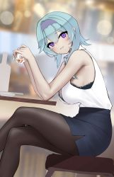 Rule 34 | 1girl, absurdres, black pantyhose, blouse, blue hair, breasts, contemporary, crossed legs, drink, eula (genshin impact), from side, genshin impact, hairband, highres, leaning forward, looking at viewer, medium breasts, pantyhose, pencil skirt, purple eyes, shirt, sitting, skirt, sleeveless, sleeveless shirt, smile, solo, terebi (shimizu1996), unfinished