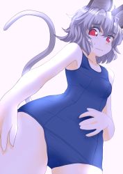 Rule 34 | 1girl, animal ears, blush, crotch, dutch angle, female focus, from below, grey hair, hand on own stomach, ishikkoro, looking at viewer, looking down, mouse ears, mouse tail, nazrin, one-piece swimsuit, red eyes, school swimsuit, short hair, solo, standing, sweatdrop, swimsuit, tail, touhou, white background