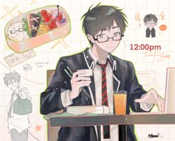 2boys ao_no_exorcist bento black_jacket blue_eyes brown_hair chair chopsticks closed_mouth computer glasses highres holding holding_bento holding_chopsticks jacket lapels laptop long_sleeves male_focus mole multiple_boys necktie okumura_rin okumura_yukio red_necktie rice rives screentones shirt short_hair sitting smile solo_focus timestamp white_shirt wrapped_bento