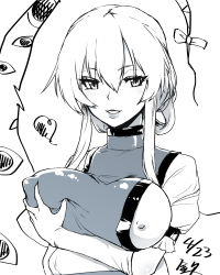 Rule 34 | 1girl, blush, bow, breast hold, breasts, covered erect nipples, dated, deep skin, eyelashes, gap (touhou), gloves, grabbing, grabbing another&#039;s breast, kinketsu, large breasts, lips, long hair, monochrome, parted lips, puffy short sleeves, puffy sleeves, short sleeves, sidelocks, simple background, smile, solo, spot color, tabard, touhou, white background, yakumo yukari