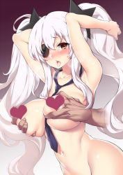 Rule 34 | 10s, 1girl, arms up, blush, grabbing another&#039;s breast, breasts squeezed together, breasts, brown eyes, censored, collarbone, deep skin, disembodied hand, eyepatch, fuya (tempupupu), grabbing, hair ornament, heart, heart censor, large breasts, long hair, loose necktie, naked necktie, navel, necktie, censored nipples, nude, open mouth, out-of-frame censoring, platinum blonde hair, senran kagura, silver hair, solo focus, tears, tongue, tongue out, twintails, very long hair, yagyu (senran kagura)
