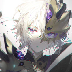 Rule 34 | 1boy, armor, bishounen, blurry, broken mask, chromatic aberration, closed mouth, commentary request, depth of field, duplicate, eyelashes, fate/grand order, fate (series), hair between eyes, half mask, head tilt, looking at viewer, male focus, mask, photoshop (medium), pixel-perfect duplicate, portrait, prince of lan ling (fate), purple eyes, rella, shards, simple background, solo, white background, white hair