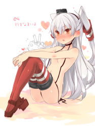 Rule 34 | 10s, 1girl, amatsukaze (kancolle), black panties, blush, breasts, ear blush, garter straps, kantai collection, long hair, looking at viewer, panties, personification, red eyes, red thighhighs, rensouhou-chan, rensouhou-kun, shin (new), side-tie panties, silver hair, small breasts, solo, striped clothes, striped thighhighs, thighhighs, translated, twintails, two side up, underwear, underwear only, untied