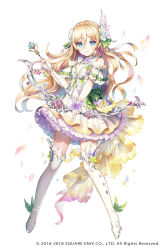 Rule 34 | 1girl, blonde hair, blue eyes, bow (weapon), cleavage cutout, clothing cutout, copyright notice, dress, erunoa lynrace, flat chest, flower, frilled skirt, frills, full body, grimms notes, hair flower, hair ornament, highres, long hair, nemusuke, official art, petals, simple background, skirt, smile, solo, weapon, white background