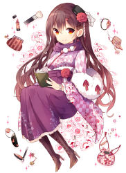 Rule 34 | 1girl, bag, book, boots, bracelet, brown hair, candy, checkered clothes, checkered shirt, comb, cosmetics, cross-laced footwear, earrings, flower, food, hair flower, hair ornament, hairpin, hakama, hakama skirt, handbag, high heel boots, high heels, highres, holding, holding book, ikari (aor3507), japanese clothes, jewelry, lace-up boots, lipstick tube, looking at viewer, makeup brush, meiji schoolgirl uniform, nail polish, original, pink nails, red eyes, scarf, shirt, skirt, smile, solo