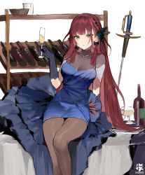 Rule 34 | 1girl, artist name, black gloves, blue dress, blunt bangs, blush, bottle, breasts, butterfly hair ornament, champagne flute, closed mouth, commentary, cup, dohyo123123, dress, drinking glass, elbow gloves, feet out of frame, gloves, green eyes, hair ornament, highres, holding, holding cup, jewelry, long hair, looking at viewer, medium breasts, necklace, on table, original, red hair, short sleeves, simple background, sitting, solo, table, very long hair, white background