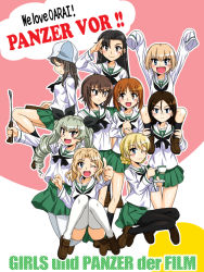 Rule 34 | 10s, 6+girls, alternate costume, anchovy (girls und panzer), arms up, asymmetrical bangs, black hair, black neckerchief, black ribbon, black socks, blonde hair, blouse, blue eyes, blue hat, braid, brown footwear, carrying, closed mouth, copyright name, darjeeling (girls und panzer), drill hair, english text, from side, german text, girls und panzer, green skirt, hair between eyes, hair intakes, hair ribbon, hat, holding, holding instrument, instrument, kantele, katyusha (girls und panzer), kay (girls und panzer), kneehighs, kneeling, loafers, long hair, long sleeves, looking at another, looking at viewer, mika (girls und panzer), miniskirt, multiple girls, neckerchief, nishi kinuyo, nishizumi maho, nishizumi miho, nonna (girls und panzer), odd one out, ooarai school uniform, oosaka kanagawa, open mouth, oversized clothes, pantyhose, pleated skirt, ribbon, riding crop, salute, saucer, school uniform, serafuku, shirt, shoes, short hair, shoulder carry, siblings, sisters, sitting, skirt, sleeves past wrists, smile, socks, squatting, standing, swept bangs, thighhighs, thumbs up, trait connection, twin braids, twin drills, twintails, white legwear, white shirt
