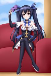 Rule 34 | 10s, 1girl, absurdres, bare shoulders, black hair, blush, breasts, cleavage, controller, game controller, highres, long hair, looking at viewer, medium breasts, nekologia, neptune (series), noire (neptunia), red eyes, ribbon, sitting, smile, solo, twintails, very long hair, window