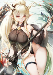 Rule 34 | 1girl, arknights, bare shoulders, breasts, hair between eyes, highres, holding, horns, jewelry, kyuri tizu, large breasts, long hair, looking at viewer, official alternate costume, parted lips, pointy ears, ponytail, red eyes, shining (arknights), shining (silent night) (arknights), sidelocks, solo, thigh strap, thighs, very long hair, white hair