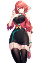 Rule 34 | 1girl, bag, bare shoulders, black dress, black thighhighs, breasts, closed mouth, clothing cutout, collared jacket, commentary request, dress, earrings, garter straps, hair between eyes, hand up, handbag, highres, holding, holding bag, jacket, jewelry, large breasts, looking at viewer, nintendo, puffy short sleeves, puffy sleeves, pyra (xenoblade), red eyes, red hair, red jacket, ririko (zhuoyandesailaer), short hair, short sleeves, shoulder cutout, simple background, skindentation, sleeveless, sleeveless dress, smile, solo, thighhighs, thighs, white background, xenoblade chronicles (series), xenoblade chronicles 2
