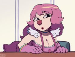Rule 34 | 1girl, ace attorney, breasts, choker, cleavage, cleavage cutout, clothing cutout, clown girl, clown nose, female focus, geiru toneido, gloves, lipstick, long hair, looking to the side, makeup, multicolored clothes, pink hair, skirt, solo, speedoru, suspender skirt, suspenders, teasing