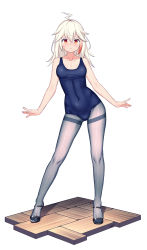 Rule 34 | 1girl, absurdres, ahoge, arms at sides, black footwear, black pantyhose, blue one-piece swimsuit, blush, breasts, chinese commentary, collarbone, commentary request, covered navel, floor, hair between eyes, high heels, highres, lightning ahoge, long hair, looking at viewer, medium breasts, multicolored hair, navel, one-piece swimsuit, open mouth, orange eyes, original, pantyhose, pantyhose under swimsuit, red hair, sandals, scar, scar on face, school swimsuit, sidelocks, signature, silver hair, simple background, slit pupils, solo, standing, streaked hair, swimsuit, thighband pantyhose, white background, xiaoxi0619