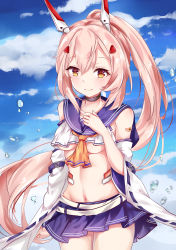 Rule 34 | 1girl, ayanami (azur lane), azur lane, bare shoulders, black choker, blue sailor collar, blue skirt, blue sky, blush, breasts, brown hair, choker, closed mouth, cloud, cloudy sky, collarbone, commentary request, crop top, day, detached sleeves, hair ornament, hairclip, hand up, headgear, high ponytail, highres, long hair, long sleeves, looking at viewer, medium breasts, mutang, navel, outdoors, pleated skirt, ponytail, retrofit (azur lane), sailor collar, school uniform, serafuku, shirt, skirt, sky, smile, solo, underboob, very long hair, white shirt, white sleeves, wide sleeves