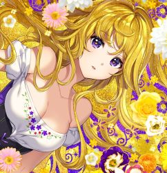 Rule 34 | 1girl, bad id, bad twitter id, bare shoulders, blonde hair, blush, breasts, cleavage, collarbone, corset, flower, large breasts, long hair, looking at viewer, nardack, original, parted lips, purple eyes, solo, upper body, very long hair, yellow theme