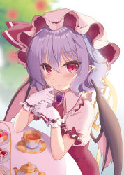 Rule 34 | 1girl, ascot, bat wings, beni kurage, blurry, blurry background, blush, brooch, chair, commentary request, cup, dress, food, gloves, hair between eyes, hands up, hat, hat ribbon, highres, jewelry, light purple hair, looking at viewer, macaron, mob cap, pink dress, pink eyes, pink hat, pointy ears, puffy short sleeves, puffy sleeves, red ascot, red ribbon, remilia scarlet, ribbon, short hair, short sleeves, smile, solo, tea, teacup, teapot, tiered tray, touhou, upper body, white background, white gloves, wings