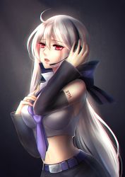 Rule 34 | 1girl, ahoge, bad id, bad pixiv id, belt, breasts, crying, crying with eyes open, detached sleeves, gradient background, hand on headphones, hand on own chest, headset, large breasts, long hair, meaomao, midriff, necktie, ponytail, red eyes, silver hair, solo, tattoo, tears, vocaloid, yowane haku