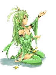 Rule 34 | 1990s (style), 1girl, bangle, barefoot, bracelet, breasts, bridal gauntlets, capelet, cleavage, colored eyelashes, crescent, crescent earrings, crescent moon, detached sleeves, dress, earrings, feet, final fantasy, final fantasy iv, green dress, green eyes, green hair, highres, jewelry, katatuki, long hair, looking up, matching hair/eyes, md5 mismatch, medium breasts, moon, open mouth, retro artstyle, rydia (ff4), simple background, sitting, skindentation, solo, star (symbol), stirrup legwear, thighhighs, toeless legwear, toes, wariza