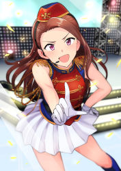 Rule 34 | 1girl, brown hair, confetti, dancing, gloves, hand on own hip, hat, headset, highres, idolmaster, idolmaster (classic), long hair, looking at viewer, microphone, minase iori, open mouth, pink eyes, pleated skirt, skirt, solo, stage, sweat, tsurui