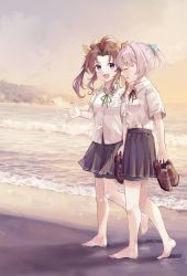 Rule 34 | 2girls, barefoot, beach, blush, brown footwear, brown hair, buttons, closed eyes, collared shirt, green ribbon, grey skirt, holding, holding shoes, kagerou (kancolle), kantai collection, multiple girls, neck ribbon, ocean, open mouth, pink hair, pleated skirt, ponytail, purple eyes, red ribbon, ribbon, shiranui (kancolle), shirt, shoes, short hair, short sleeves, skirt, smile, twintails, u yuz xx, white shirt