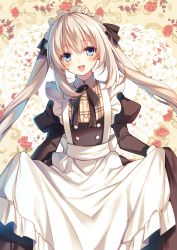 Rule 34 | 1girl, :d, apron, black dress, black ribbon, blue eyes, blush, buttons, copyright request, double-breasted, dress, fate/grand order, fate (series), floating hair, grey hair, hair ribbon, highres, juliet sleeves, long hair, long sleeves, looking at viewer, maid, maid apron, marie antoinette (animejapan 2016) (fate), marie antoinette (fate), neck ribbon, official alternate costume, open mouth, puffy sleeves, ribbon, skirt hold, smile, solo, toosaka asagi, twintails day, white apron