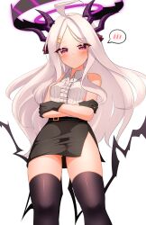 Rule 34 | 1girl, ahoge, black gloves, black skirt, black thighhighs, blue archive, collared shirt, commentary request, crossed arms, demon girl, demon horns, demon wings, forehead, gloves, hair ornament, hair ribbon, hairclip, halo, highres, hina (blue archive), horns, long hair, looking at viewer, official alternate costume, pencil skirt, pia (botamochinjufu), ribbon, shirt, side slit, sidelocks, simple background, skirt, sleeveless, sleeveless shirt, solo, spoken blush, thighhighs, wavy hair, white background, white shirt, wings, zettai ryouiki