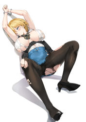 Rule 34 | 1girl, absurdres, arms up, belt, black footwear, black pantyhose, black ribbon, blonde hair, blue belt, blue eyes, blue skirt, blush, bound, bound wrists, breasts, breasts apart, buckle, cleavage, collared shirt, commentary, cuffs, full body, girls&#039; frontline, hair between eyes, handcuffs, high heels, highres, large breasts, looking to the side, lying, magazine (weapon), miniskirt, neck ribbon, on back, panties, panties under pantyhose, pantyhose, parted lips, pixel (yuxian), pouch, ribbon, shadow, shirt, shirt tucked in, short hair, sidelocks, simple background, skirt, snap-fit buckle, solo, thigh pouch, thighband pantyhose, torn clothes, torn pantyhose, torn shirt, torn skirt, underwear, vsk-94 (girls&#039; frontline), white background, white shirt