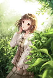 Rule 34 | 1girl, backlighting, bad id, bad pixiv id, bang dream!, blurry, blurry foreground, blush, brown dress, brown eyes, brown hair, collared dress, commentary request, depth of field, dress, grey jacket, hand up, hazawa tsugumi, jacket, leaf, long hair, long sleeves, looking at viewer, lunacle, open clothes, open jacket, open mouth, solo, standing