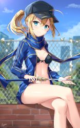 Rule 34 | 1girl, :3, ahoge, artoria pendragon (all), artoria pendragon (fate), bad id, bad pixiv id, baseball cap, bikini, bikini top only, black hat, blonde hair, blue eyes, blue jacket, blue scarf, blurry, blush, bokeh, breasts, cloud, crossed legs, day, depth of field, excalibur (fate/stay night), fate/grand order, fate (series), flower, front-tie top, hair between eyes, hair through headwear, hat, holding, holding sword, holding weapon, jacket, looking to the side, medium breasts, mysterious heroine x (fate), navel, open clothes, outdoors, ponytail, rin yuu, saber (fate), scarf, sidelocks, sitting, sky, solo, swimsuit, sword, track jacket, weapon