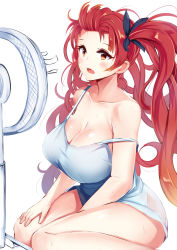 Rule 34 | 1girl, azur lane, bare shoulders, black ribbon, blush, breasts, cleavage, collarbone, commentary, covered erect nipples, electric fan, fanning self, hair ribbon, highres, honolulu (azur lane), hot, huge breasts, irohara, kneeling, large breasts, long hair, no bra, off shoulder, open mouth, orange eyes, red hair, ribbon, see-through, simple background, sitting, solo, strap slip, sweat, tank top, twintails, white background