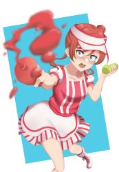 Rule 34 | 1girl, absurdres, angry, artist request, blue eyes, female focus, highres, incoming food, ketchup, ketchup bottle, looking at viewer, love live!, love live! superstar!!, red hair, short hair, yoneme mei