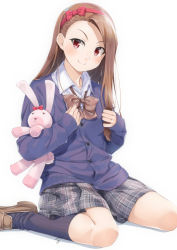 Rule 34 | 1girl, asymmetrical bangs, black socks, blue cardigan, blush, bow, brown bow, brown footwear, brown hair, cardigan, closed mouth, collared shirt, commentary request, dress shirt, grey skirt, hair bow, hairband, idolmaster, idolmaster (classic), kneehighs, loafers, long hair, long sleeves, minase iori, miri (ago550421), hugging object, plaid, plaid skirt, pleated skirt, red bow, red eyes, red hairband, school uniform, shadow, shirt, shoes, signature, sitting, skirt, sleeves past wrists, smile, socks, solo, stuffed animal, stuffed rabbit, stuffed toy, v-shaped eyebrows, wariza, white background, white shirt
