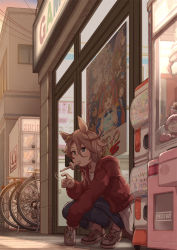 Rule 34 | 1girl, animal ears, bicycle, blue eyes, blue pants, building, can, commentary request, convenience store, gashapon, gashapon machine, highres, horse ears, horse girl, horse tail, jacket, long sleeves, mouth hold, narita taishin (umamusume), outdoors, pants, poster (object), power lines, red jacket, satomura kyou, shoes, shop, short hair, sneakers, solo, squatting, tail, umamusume, vending machine, window