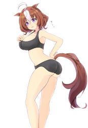 Rule 34 | 1girl, ahoge, animal ears, ass, baika, bare shoulders, black bra, black panties, black sports bra, bra, breasts, brown hair, cleavage, commentary request, feet out of frame, hair ornament, hairband, hand on own hip, highres, horse ears, horse girl, horse tail, large breasts, meisho doto (umamusume), multicolored hair, panties, purple hairband, simple background, solo, sports bra, streaked hair, tail, umamusume, underwear, white background, white hair