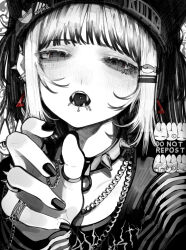 Rule 34 | 1girl, blunt bangs, collar, ear piercing, earrings, fangs, greyscale, hair ornament, hairclip, hat, highres, jewelry, lip piercing, long sleeves, looking at viewer, mole, mole under eye, monochrome, nail polish, necktie, open mouth, original, piercing, ring, sacabambaspis, sirayukisiu, solo, spiked collar, spikes, spot color, tongue piercing, upper body