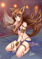 Rule 34 | 1girl, adsouto, animal ear fluff, animal ears, anklet, armlet, artist name, barefoot, blue bra, blue panties, bra, bracelet, breasts, brown hair, choker, collarbone, floating hair, full body, hair between eyes, hair ornament, highres, holo, jewelry, long hair, looking at viewer, open mouth, panties, red eyes, see-through, sideboob, signature, sitting, small breasts, soles, solo, spice and wolf, tail, thighlet, underboob, underwear, very long hair, waist cape, wariza, wolf ears, wolf tail